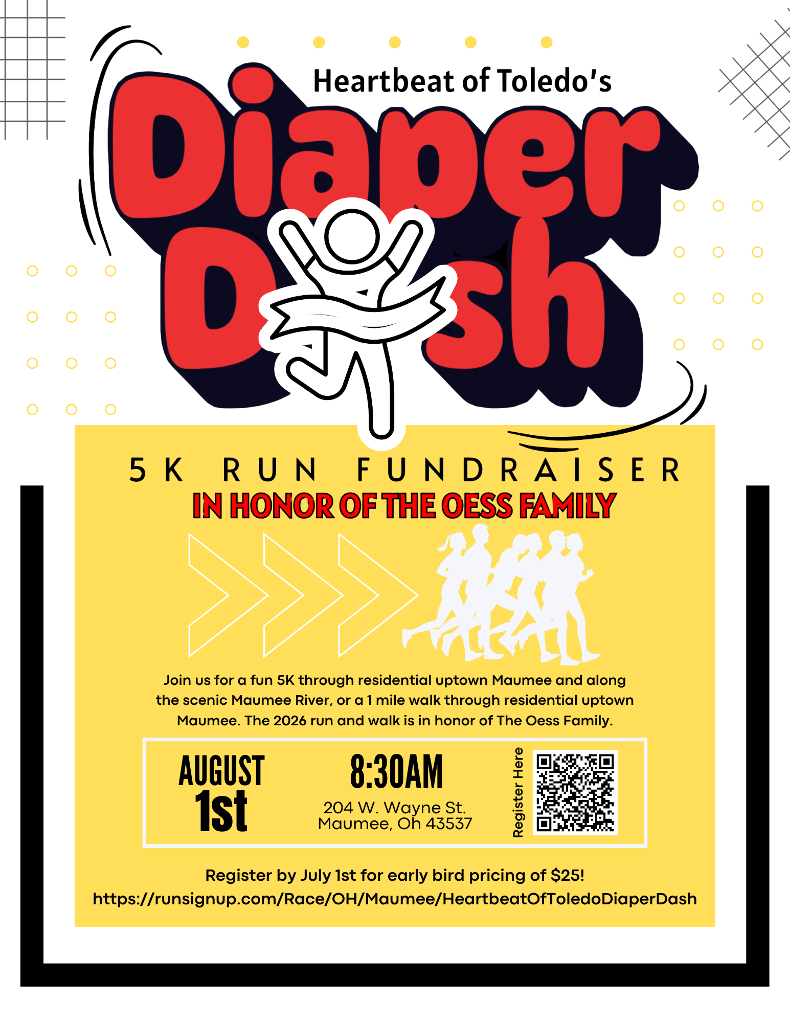 Heartbeat of Toledo Diaper Dash 5K Run Fundraiser flyer for August 1 in Maumee Ohio